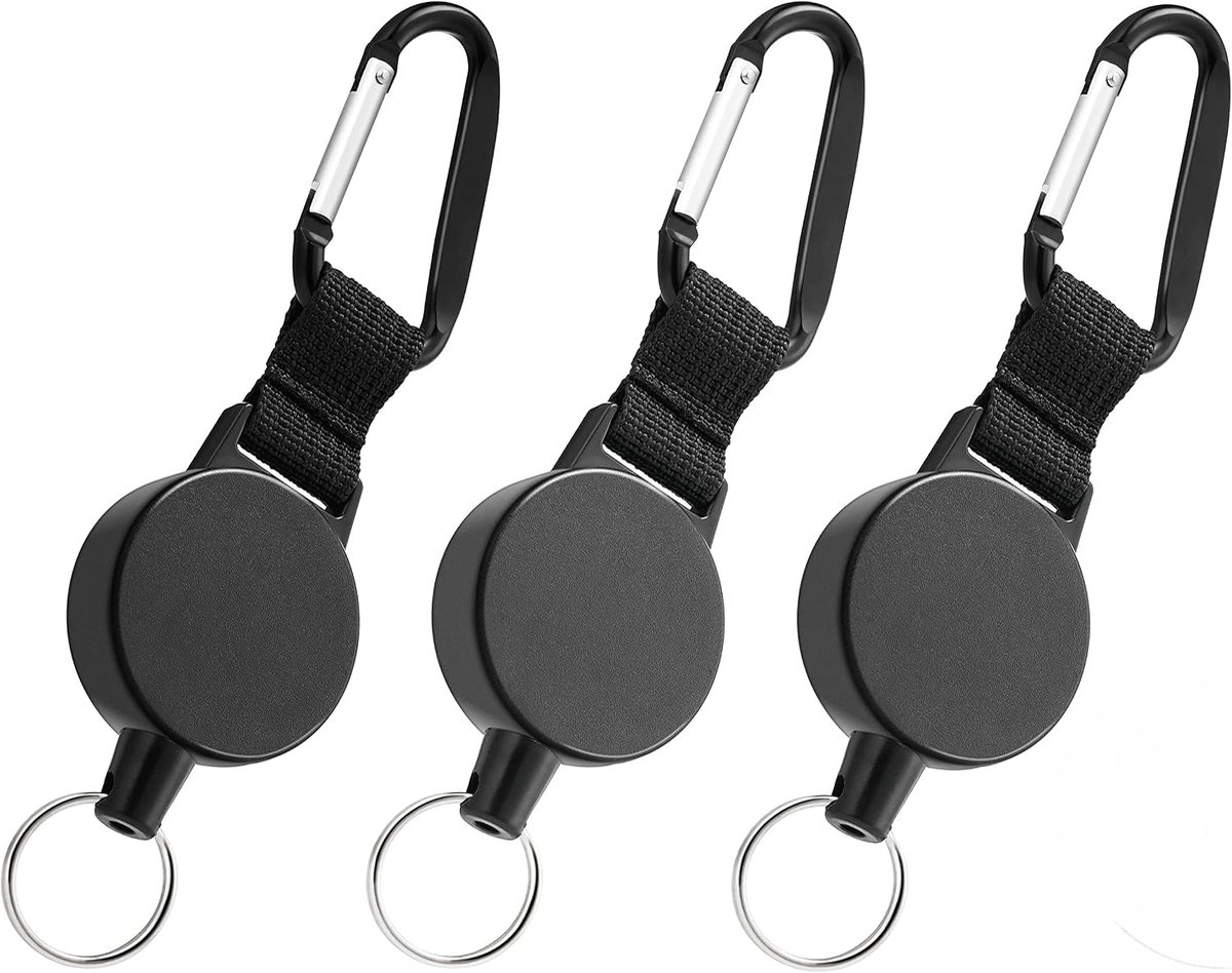 Sleutelrol Jojo 70 cm stalen kabel ID-ID-ID-ID-kaartrol uitschuifbaar keyholder band karabijnhaak ID-kaarthouder intrekbare sleutelhanger sleutelband skipashouder (3x zwart zonder logo)