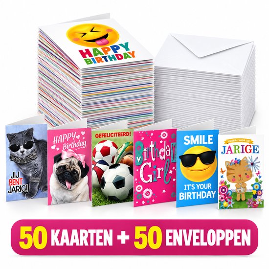 Een stapel van 50 verjaardagskaarten en 50 enveloppen. De kaarten tonen diverse ontwerpen, waaronder een kat, pug, sportballen, 'Birthday Girl', emoji en een katje.
