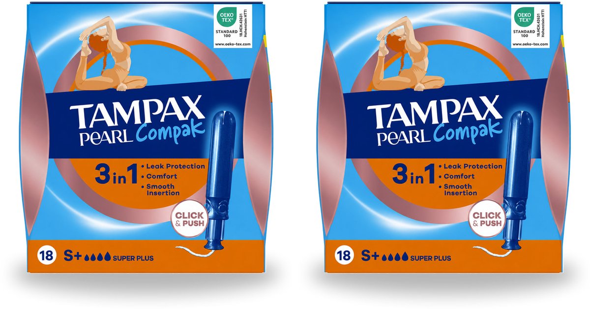2 x Tampax – Tampons – Pearl Compak Super Plus met Inbrenghuls – 18 Tampons - Voordeelverpakking - 2 stuks