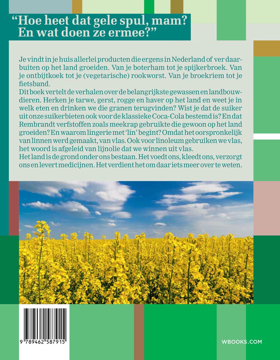Boek met gele koolzaadvelden, titel "Hoe heet dat gele spul, mam? En wat doen ze ermee?"