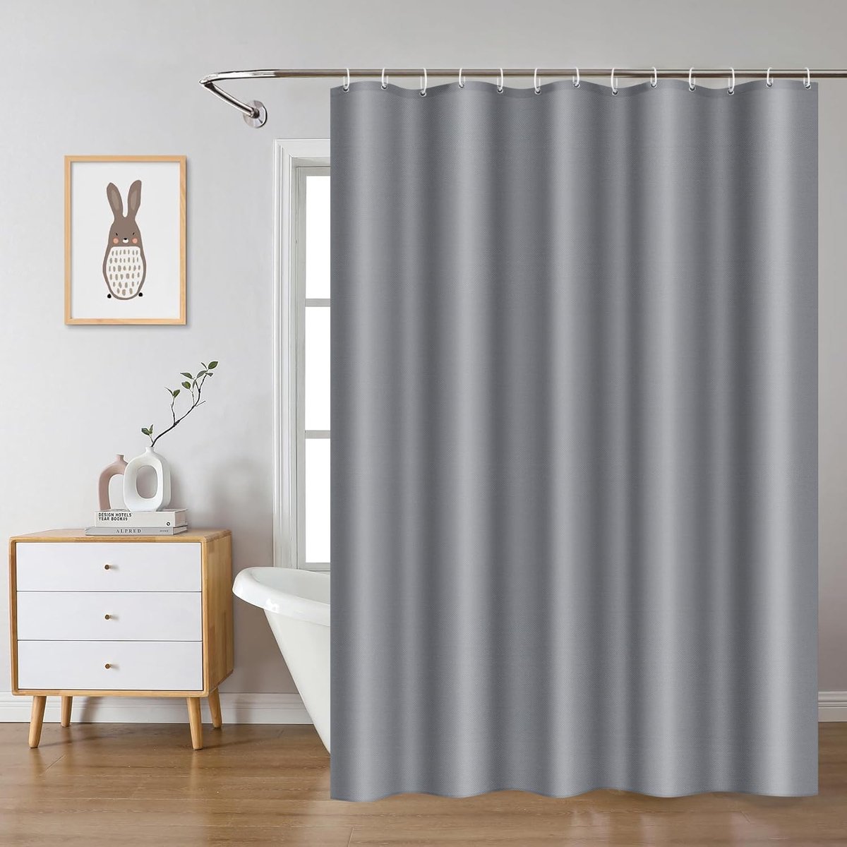 200x200 Badgordijn Polyester Textiel, Douchegordijn Anti-schimmel voor Badkamer, Gordijn voor Badkuip Douche uit Stof Waterdicht Wasbaar, Douchegordijn met 13 Haken Lichtgrijs