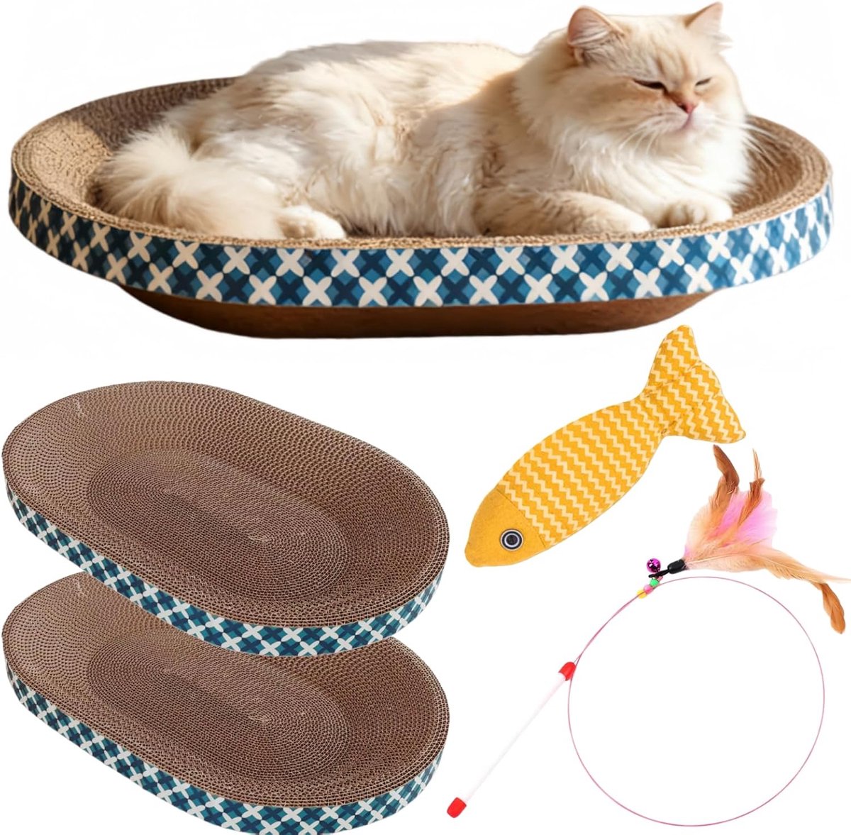 Kattenkrabbed met speelgoed, 2 stuks ovale kattenkrabkarton, krabkom voor binnen, grote krabplank voor katten met kattenkruid, visspeelgoed en veerenhengel voor meubelbescherming