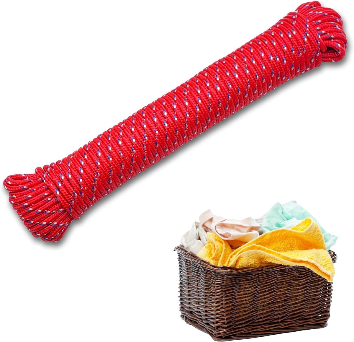Waslijn, 20 meter, sterk en vuilafstotend propyleentouw, robuust en duurzaam voor buiten en binnen, ideaal voor tuin, camping en huis (rood)