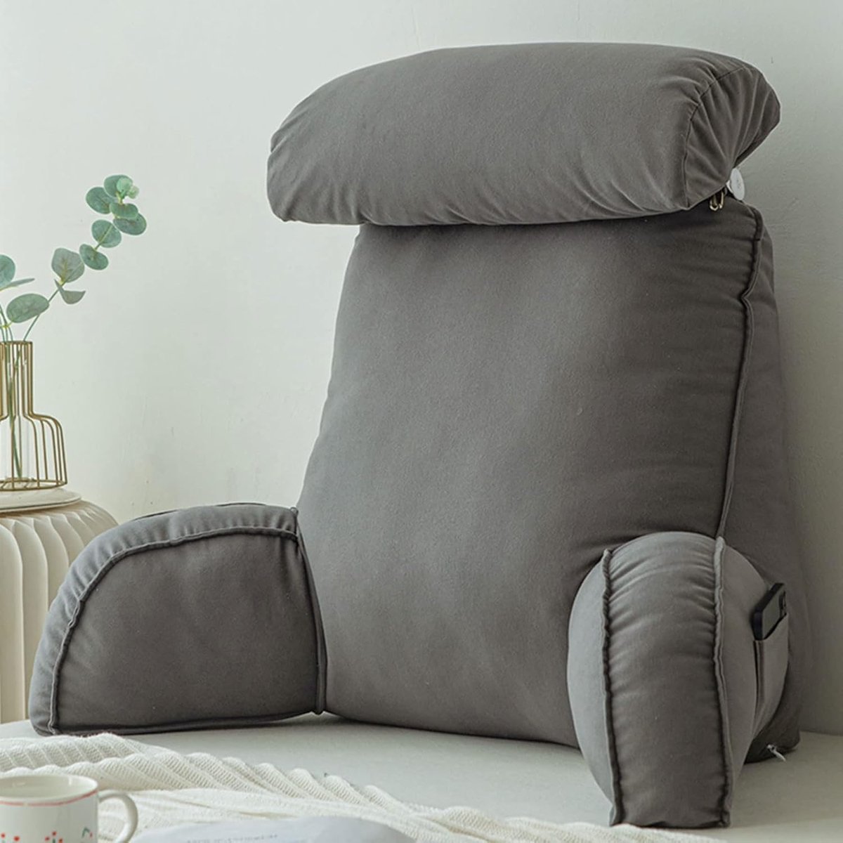 Leeskussen voor bed, lendensteunkussen, knuffelkussen, bedstoelkussen met armen, sofa taillekussen, met rond kussen, perfect om te zitten, lezen of gamen, 75 × 40 × 50 cm.