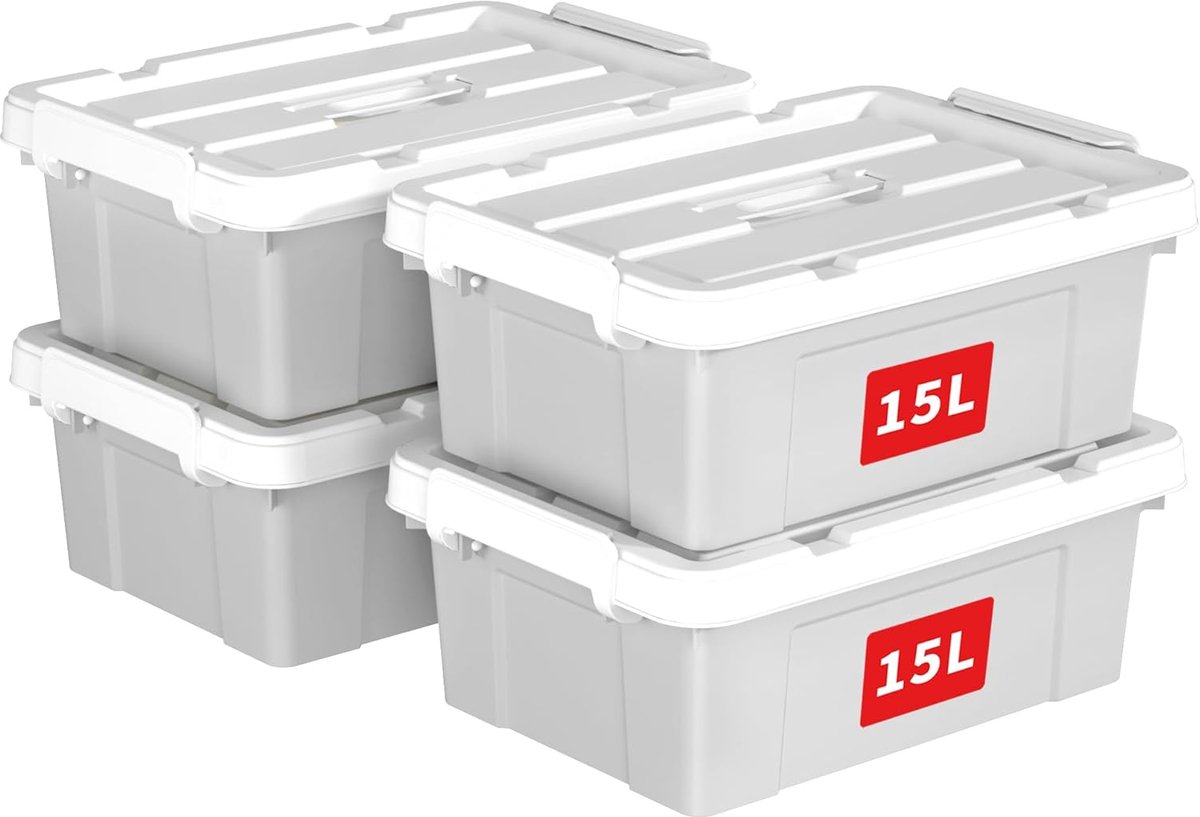 15L x 4 opbergdozen, plastic opbergdoos met deksels, organiserende container met handvat en veilige vergrendelende gespen, stapelbaar, nestbaar, draagtas voor thuiskantoor kleding, 15L-4Pack