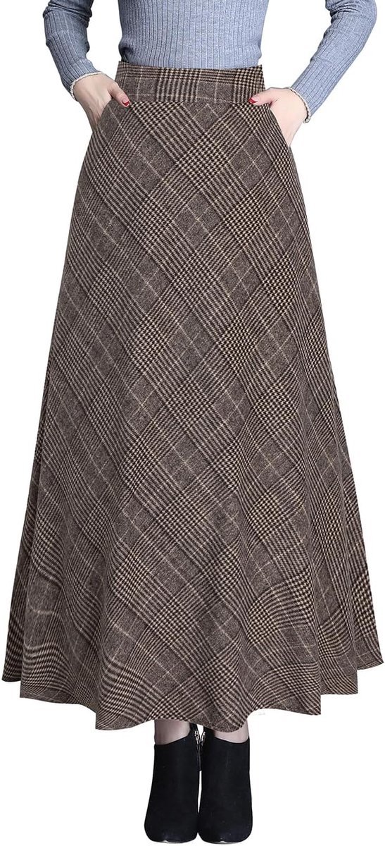 Geruite maxi-damesrok voor de winter, met elegante hoge taille, warme wollen lange elastische getailleerde plooirok, S-3XL
