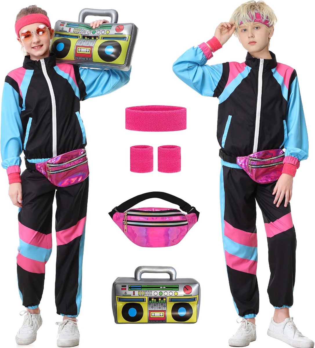 80-kostuum voor kinderen, jaren 90-outfit, trainingspak voor jongens en meisjes, Halloween, carnaval, 4-12 jaar