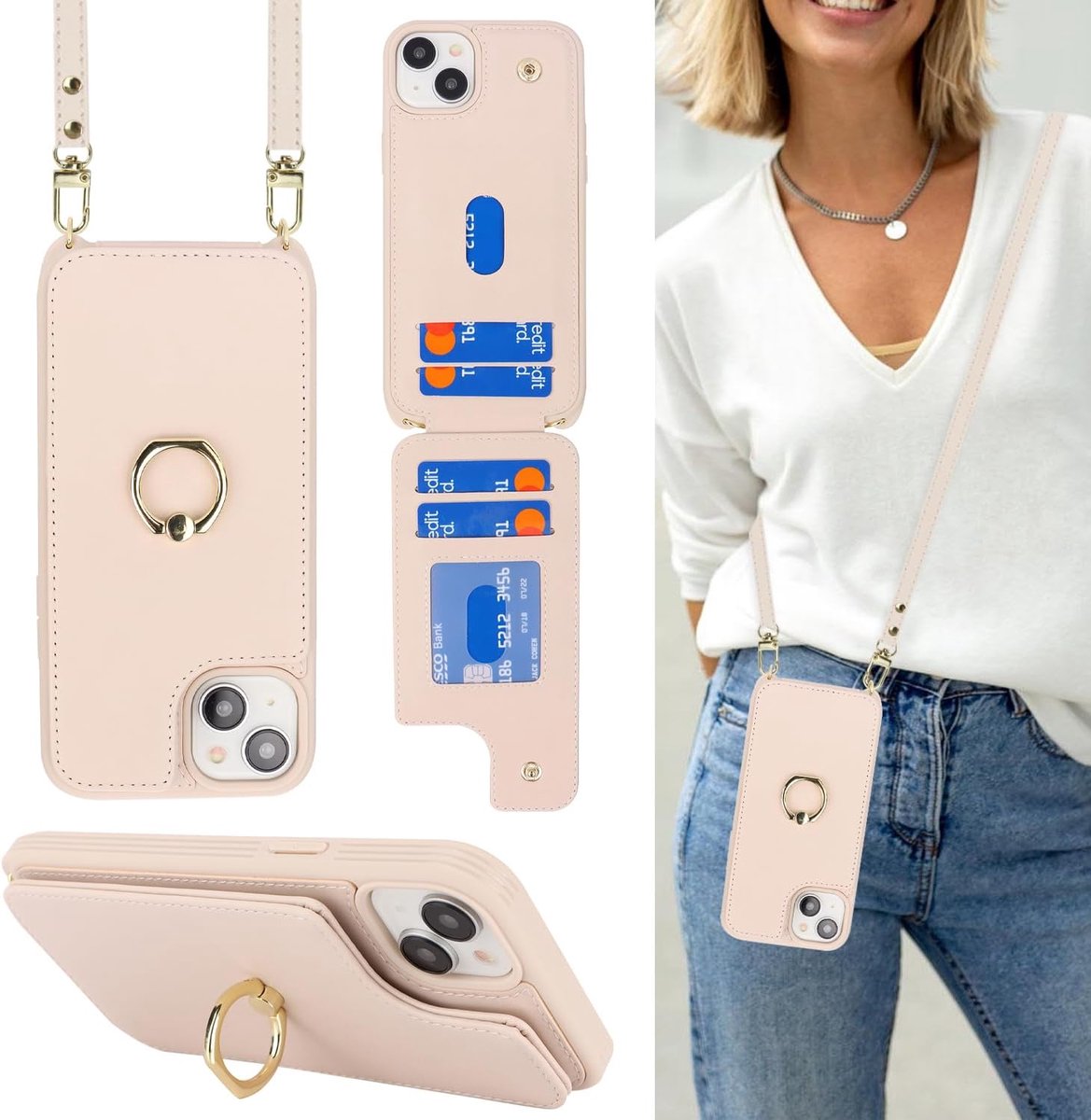 Telefoonhoesje compatibel met iPhone 15 hoesje met kaarthouder met riem, lederen flip portemonnee hoesje met lanyard, ring kickstand schokbestendig hoesje voor iPhone 15 - crème
