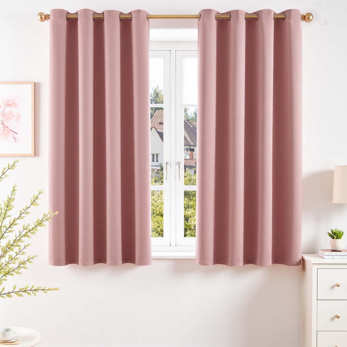 Gordijnen, kort, ondoorzichtig, roze gordijnen met inslagringen, H 145 x B 140 cm, set van 2 verduisteringsgordijnen, keukengordijn, slaapkamer, woonkamer, kort, modern, kinderkamer, woonkamer