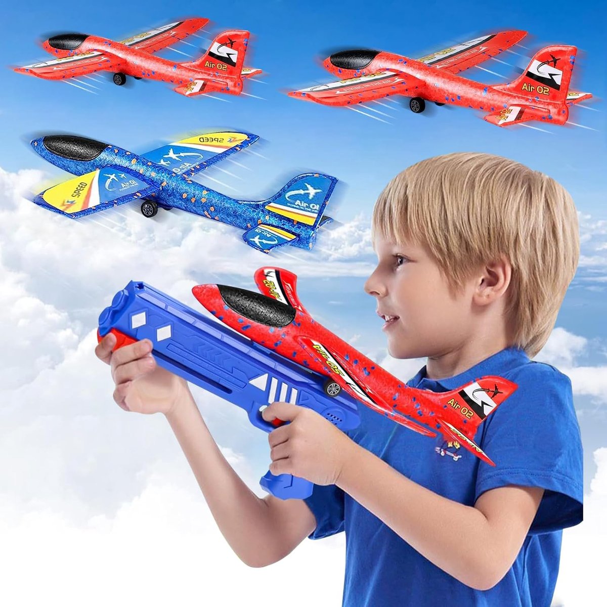 Vliegtuig met katapult-pistool, 4 stuks vliegtuig, schuimrubberen vliegtuig, spellen voor buiten, binnen, tuin, interactief, cadeau voor Kerstmis, verjaardag, jongens en meisjes, 3