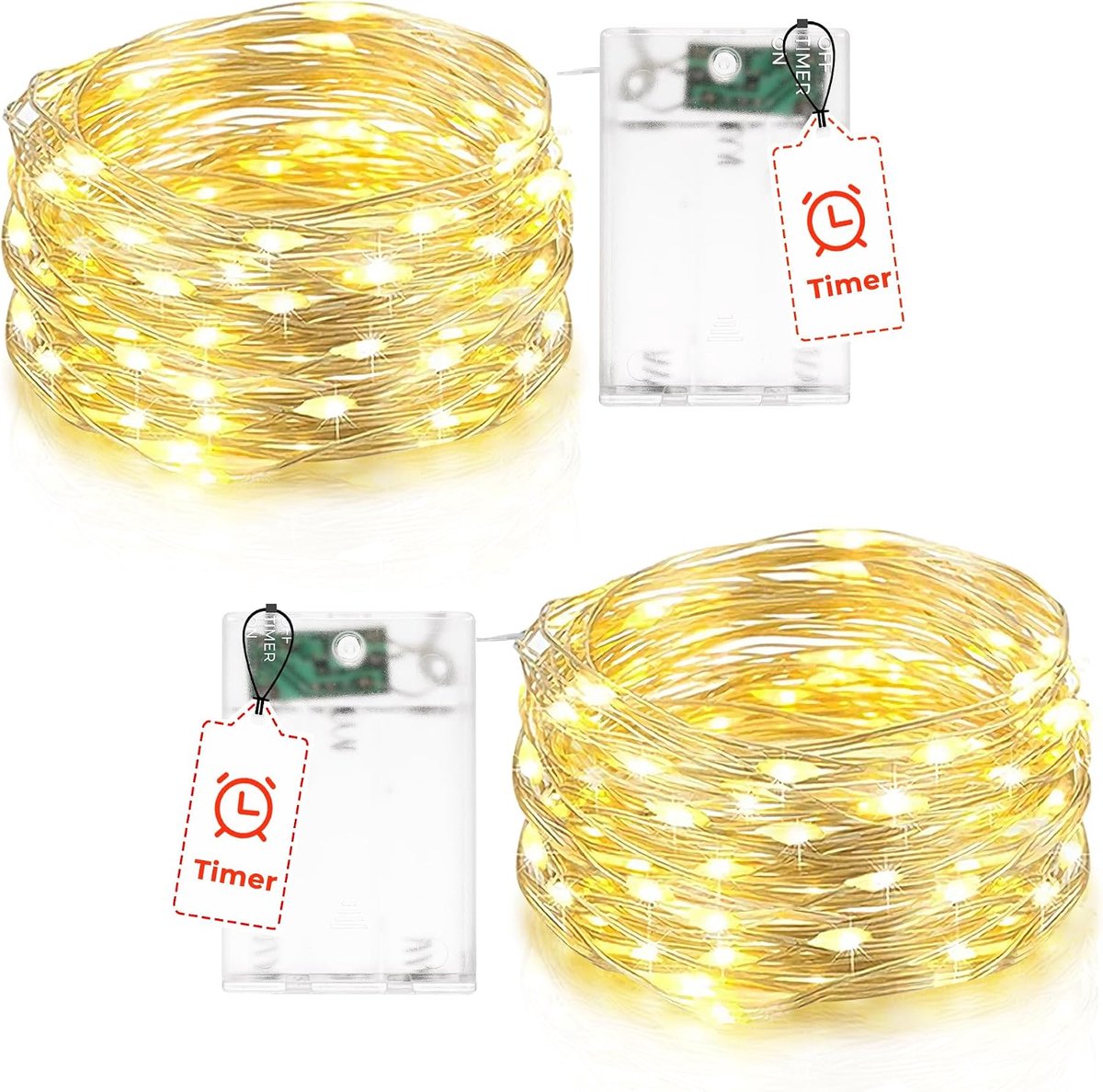 Led-lichtsnoer op batterijen met timer, 5 m, 50 leds, koperdraad, lichtketting voor binnen, werkt op batterijen, voor feest, Kerstmis, Halloween, bruiloft, decoratie, warmwit, 2 stuks