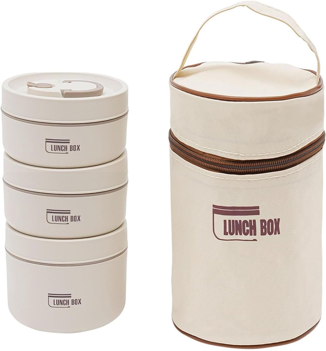 Thermo-lunchbox, roestvrij staal, met tas, thermocontainer voor eten, lekvrij, eten, warmhouden, container voor thuis, kantoor, picknick, beige, 2 x 440 ml en 1 x 600 ml