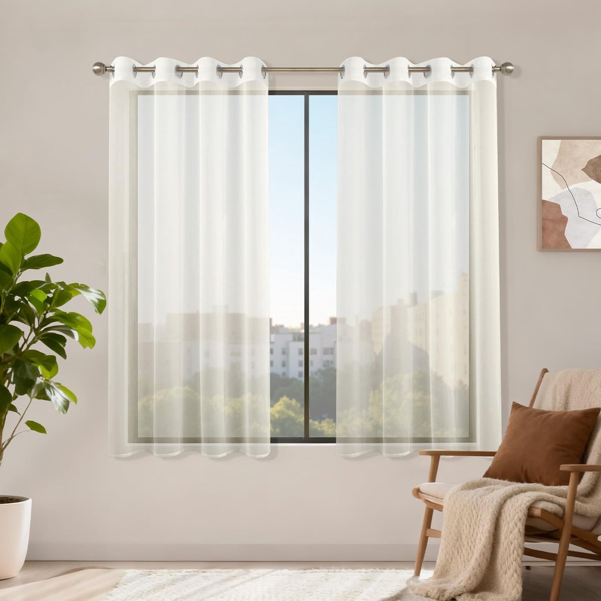 Gordijnen met oogjes, set van 2 stuks, 160 x 140 cm (h x b), stores gordijnen beige transparant, doorzichtige gordijnen, oogjegordijn kort, lusgordijn voor slaapkamer, woonkamer, keuken
