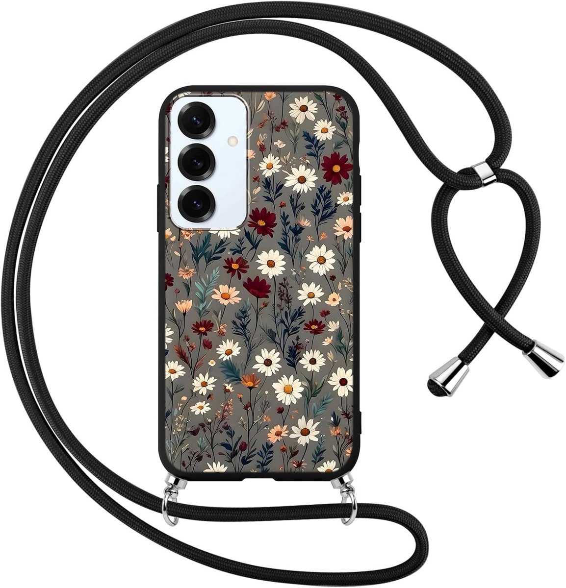 Telefoonhoesje met koord, voor Samsung Galaxy S25 5G (6,2 inch), hoes met esthetisch bloemenpatroon, hoes met koord om om te hangen, siliconen en zacht TPU, stootvaste beschermhoes voor