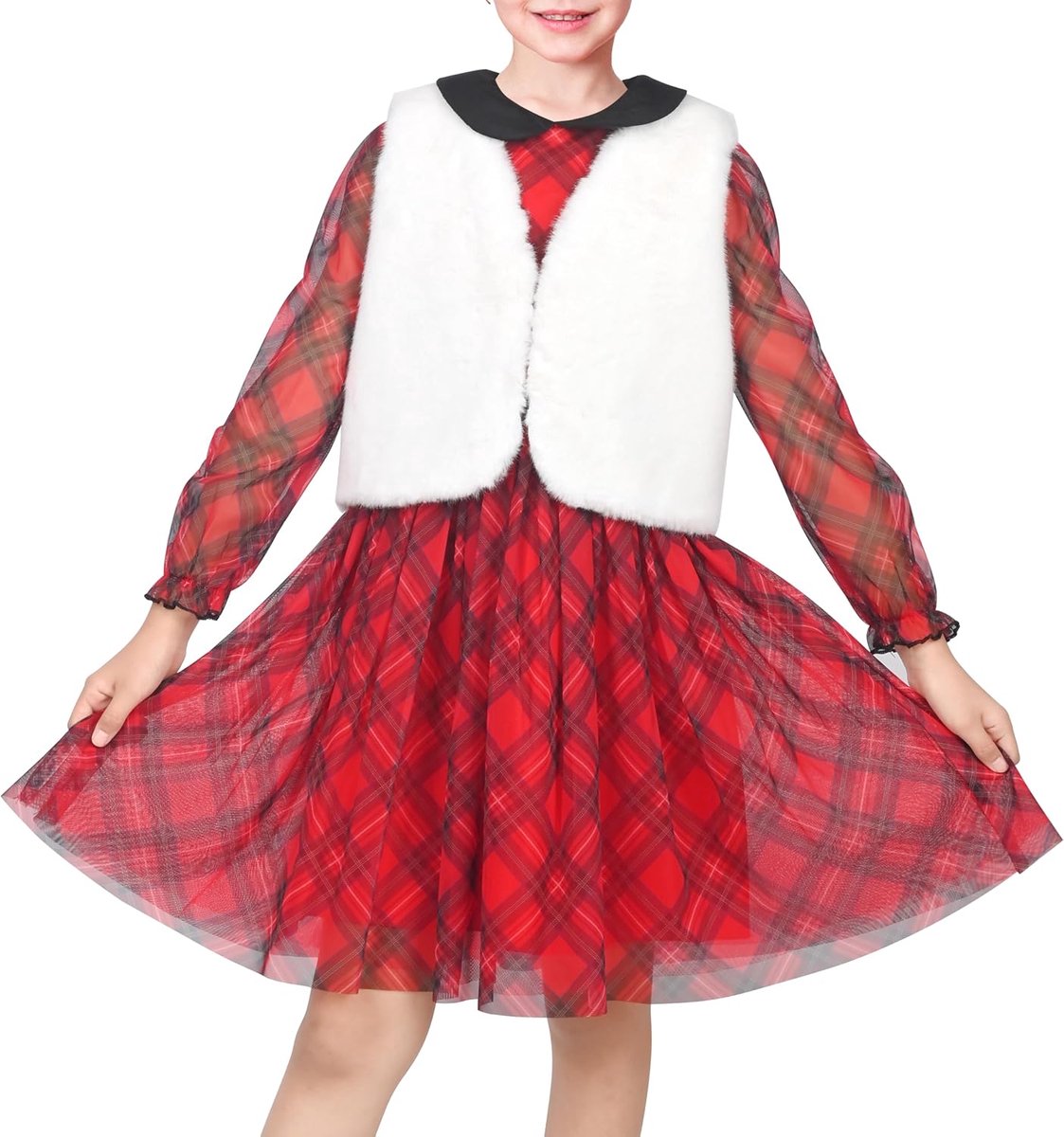 2 stukken Stel Jurk Rood Plaid Wit Nep bont Hesje Kerstmis Wijnoogst Kleding Winter 6-12 jaar
