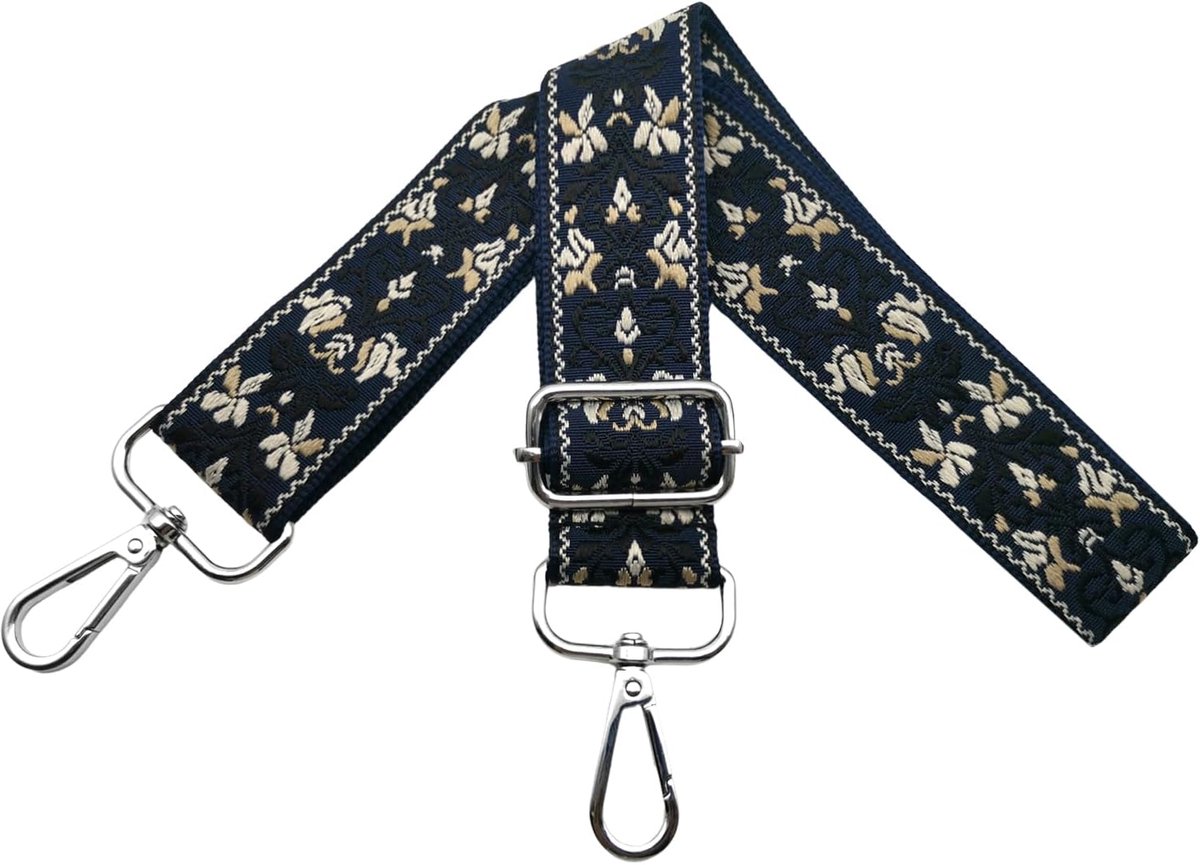 Schouderriem voor tassen, tasriemen om te wisselen, handtassenriem, breedte 3,8 cm, met zilveren karabijnhaak, schouderriem voor dames, handtas, schoudertas, donkerblauw/beige, Y12