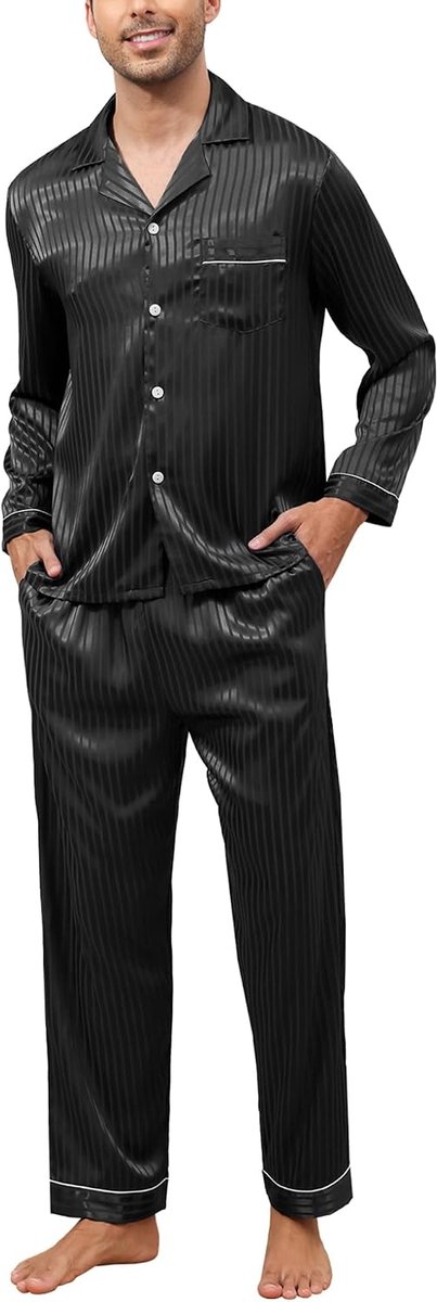 Herenpyjama van zijdesatijn, tweedelige complete set met overhemd met lange mouwen en knopen en elegante broek met zakken luxe homewear