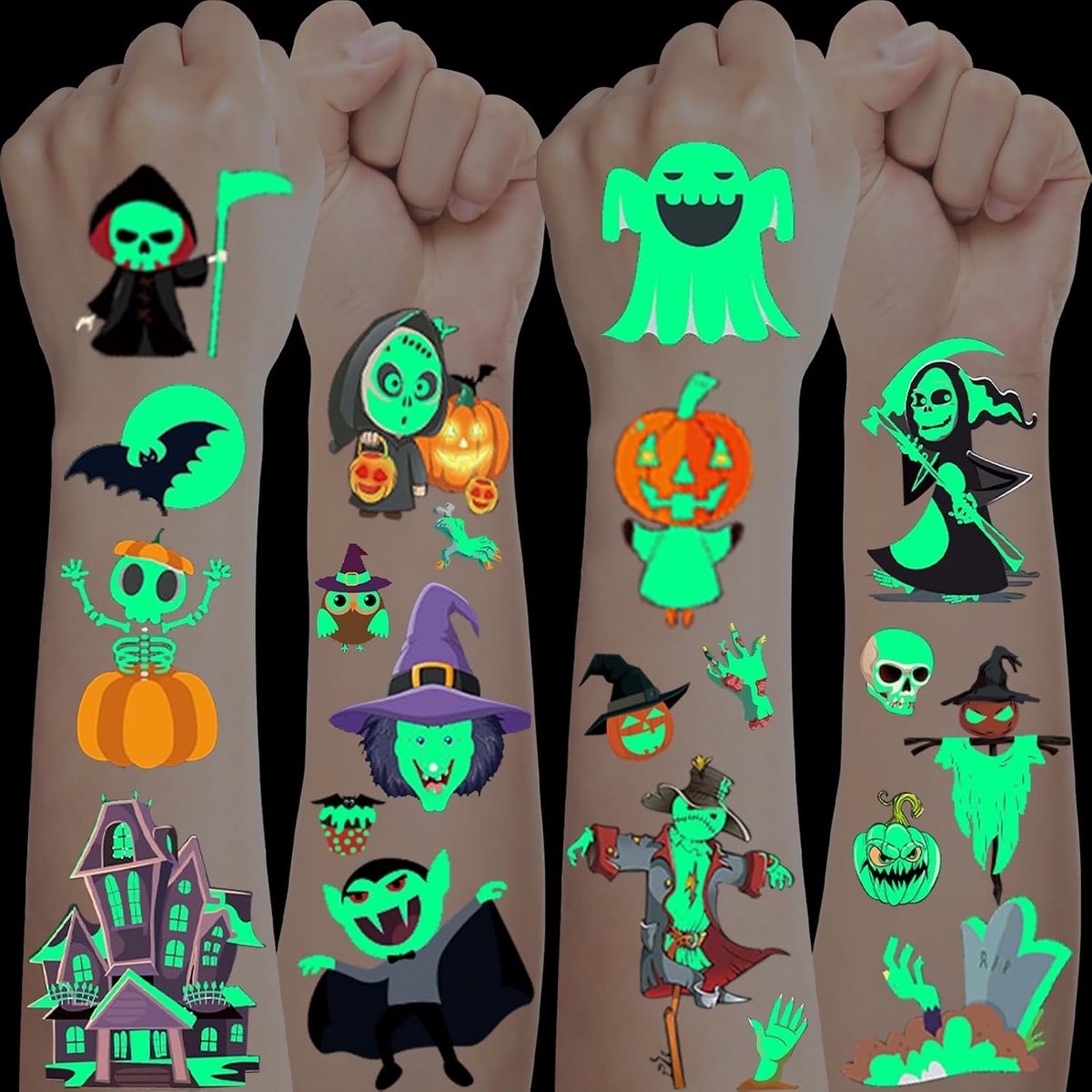 Halloweentatoeages, stickers, 20 vellen, lichtgevend, voor kinderen, pompoenen/heksen/vleermuizen