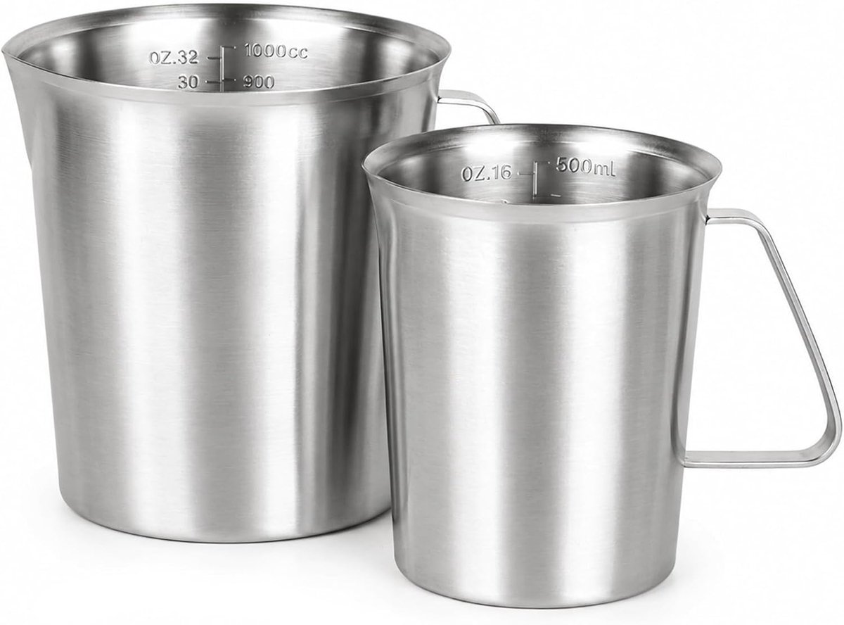 Maatbekerset, roestvrij staal, 1 l + 500 ml, roestvrije maatbeker met handvat en schaal
