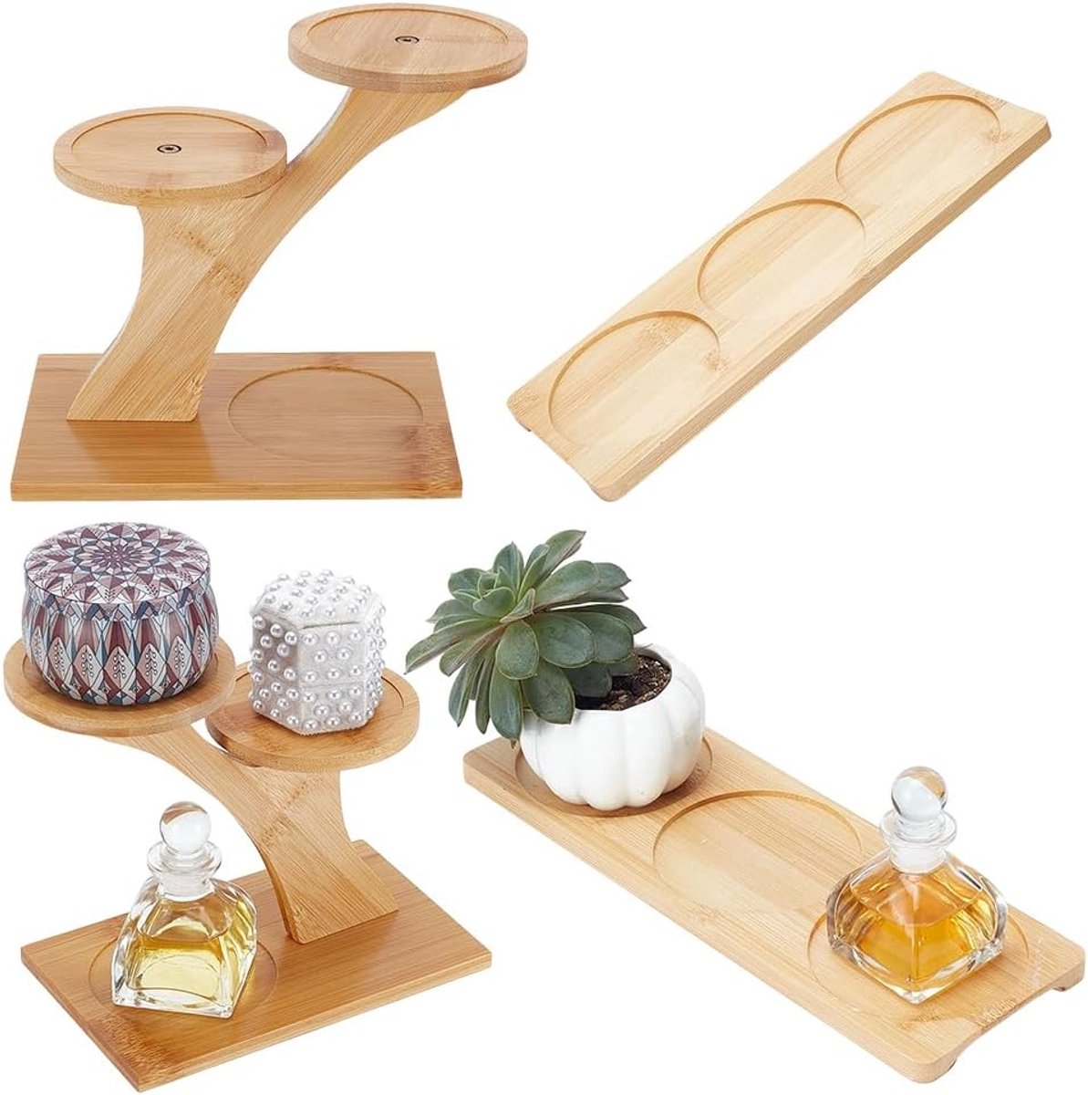 Set van 2 bamboe tafelbladplantenstandaard, 3-laags succulente kruidenstandaard en bamboe plantenschotels voor binnen/buiten tuin, huis, kantoor, woonkamer en slaapkamer decor