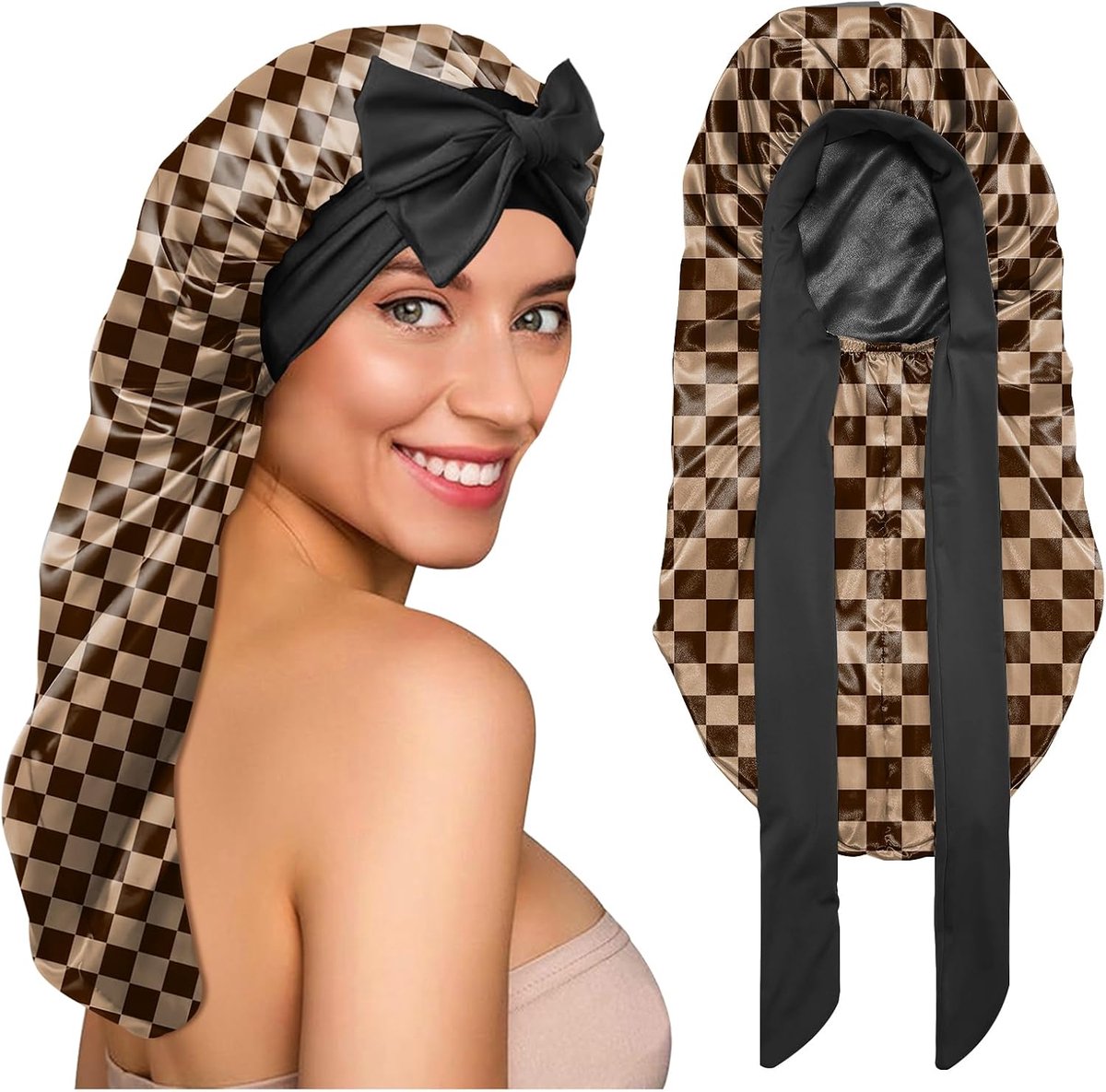 Lange satijnen bonnet om te slapen, verstelbaar, dubbellaags, elastisch, herbruikbaar, lang haar, schattig, esthetisch voor vrouwen en meisjes