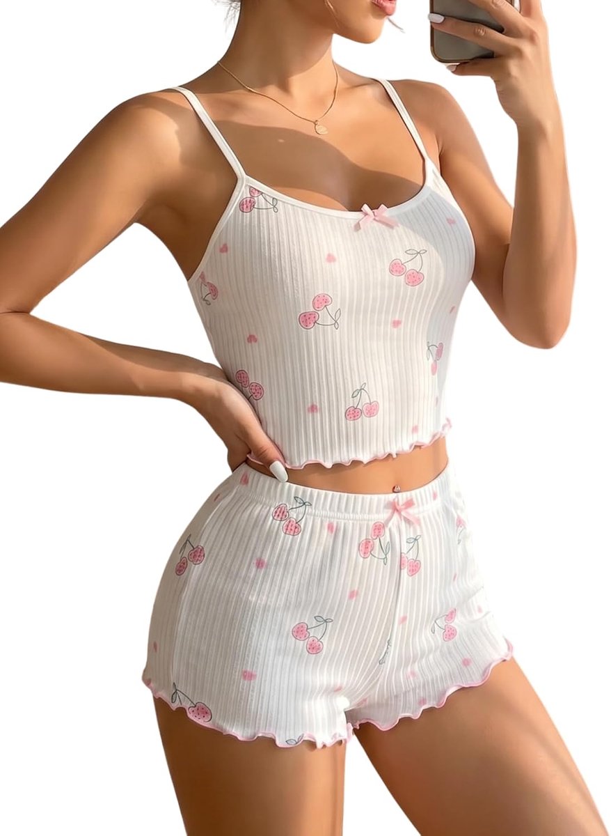 Damespyjama-set voor de zomer, T-shirt met bandjes en shorts, kersenprint, mouwloos, nachtkleding, set voor woonkamer, zacht