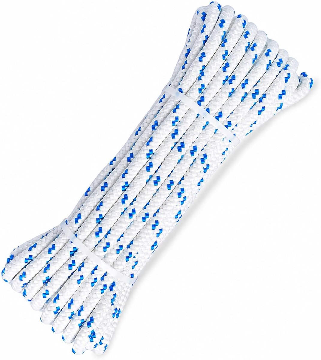 Touw, 6mm, 30m, Wit met Blauwe Markeringen