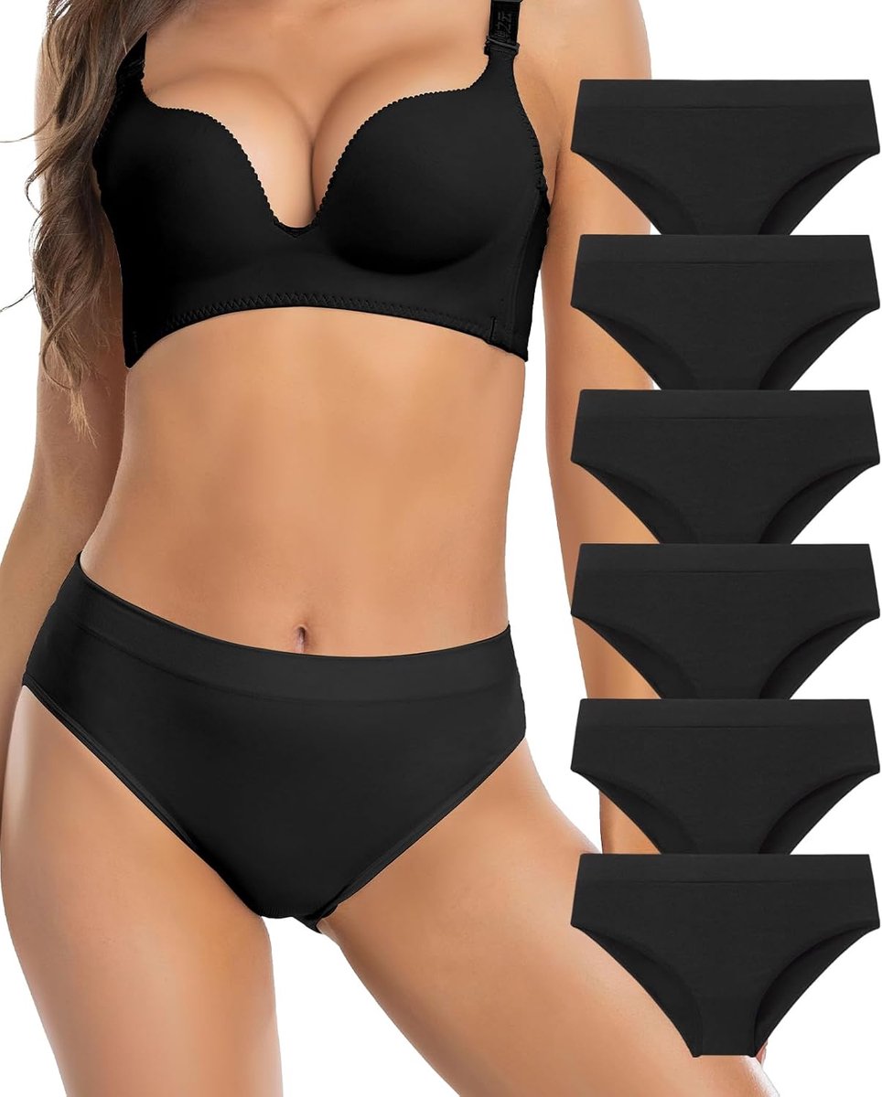 Bikini Panties Seamless Underwear, Soft Stretch Cheekini Hipster Briefs 6 Pack (Black L)