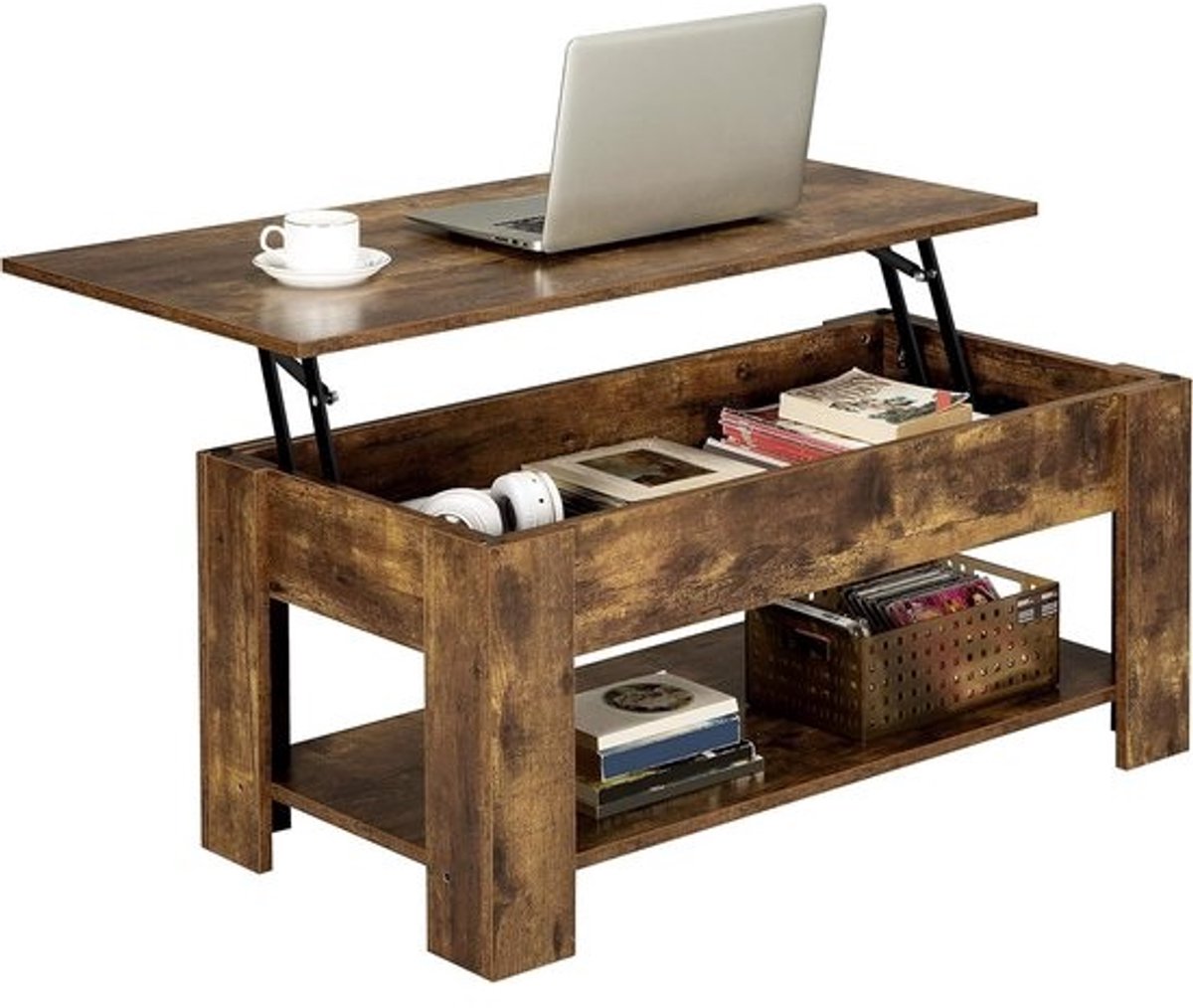 Salontafel Verstelbaar - Koffietafel Uittrekbaar - Werken en Eten - Verborgen Opbergvak - 86 cm Breed - Vintage Bruin Zwart