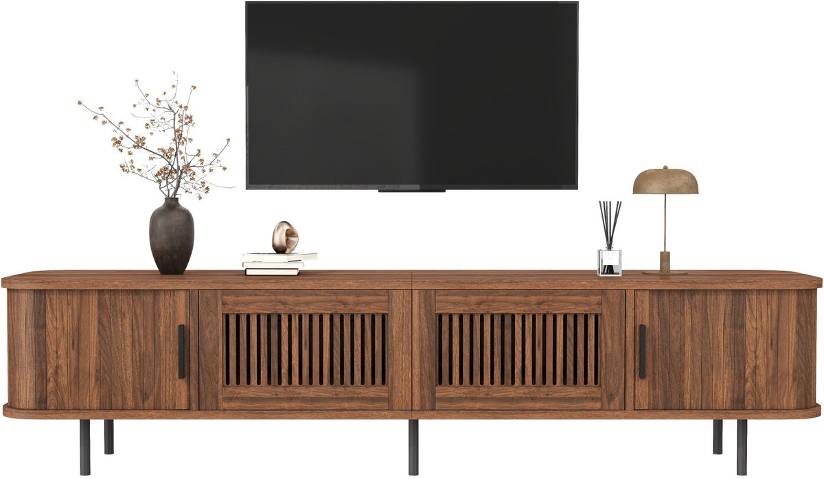 Merax Televisiekast - 180 x 40 x 44,5 cm - Walnootkleur - 2 Schuifdeuren en 2 Laden - Verlichting via Mobiele Telefoon - Kabeldoorvoer Bruin