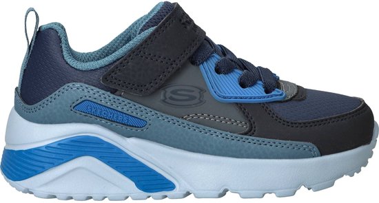 Blauwe en grijze Skechers sneaker met klittenbandsluiting, veters en een gestructureerde zool.