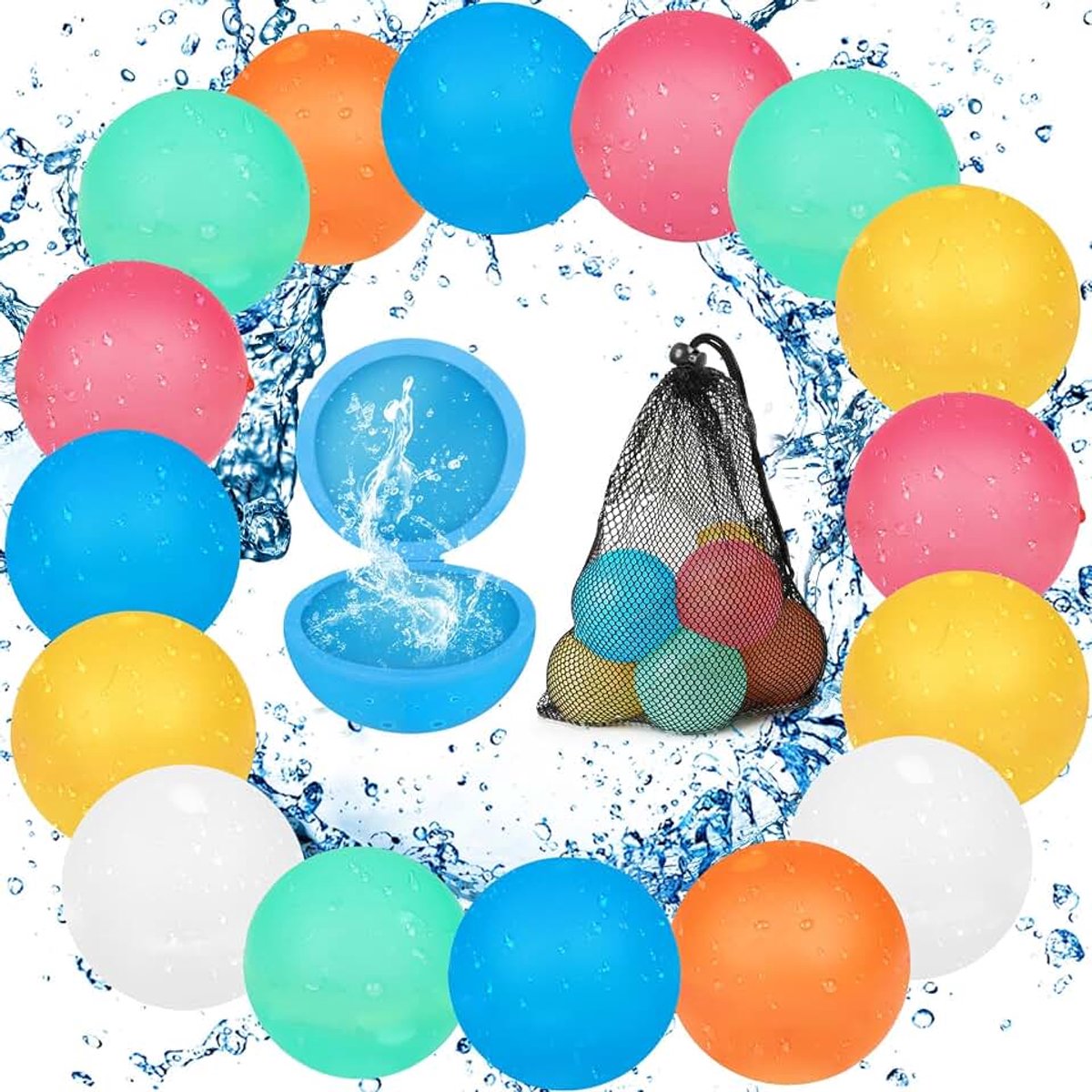 Waterbommen, 16 stuks en 1 mesh-tas, zelfsluitend, herbruikbaar, snel navulbare siliconen waterbommen voor watergevechten, familieactiviteiten
