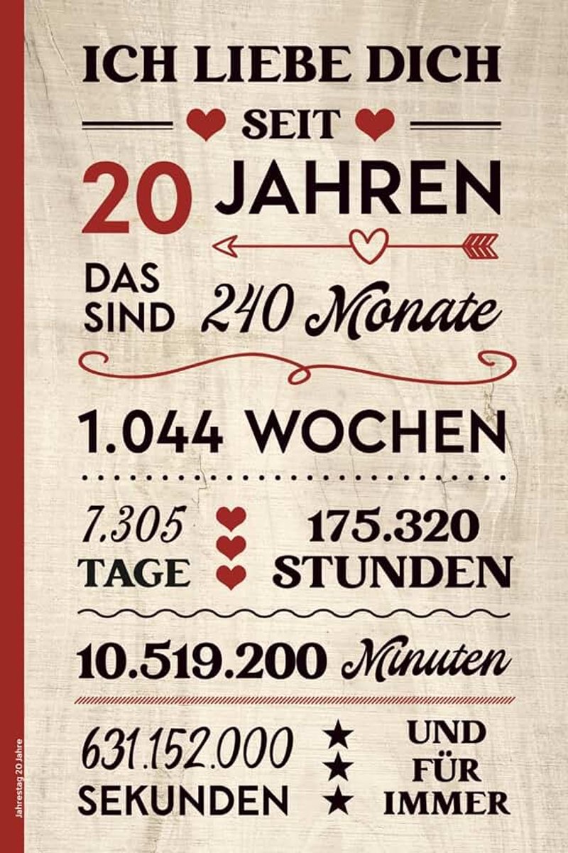 Jahrestag 20 Jahre: Notizbuch 20 Jahre Jubiläum Ehe Geschenk zum Zwanzigsten Hochzeitstag und Partnerschaft Spruch ICH LIEBE DICH SEIT 20 Jahren Notizheft A5 liniert Geschenkidee für Kennlerntag