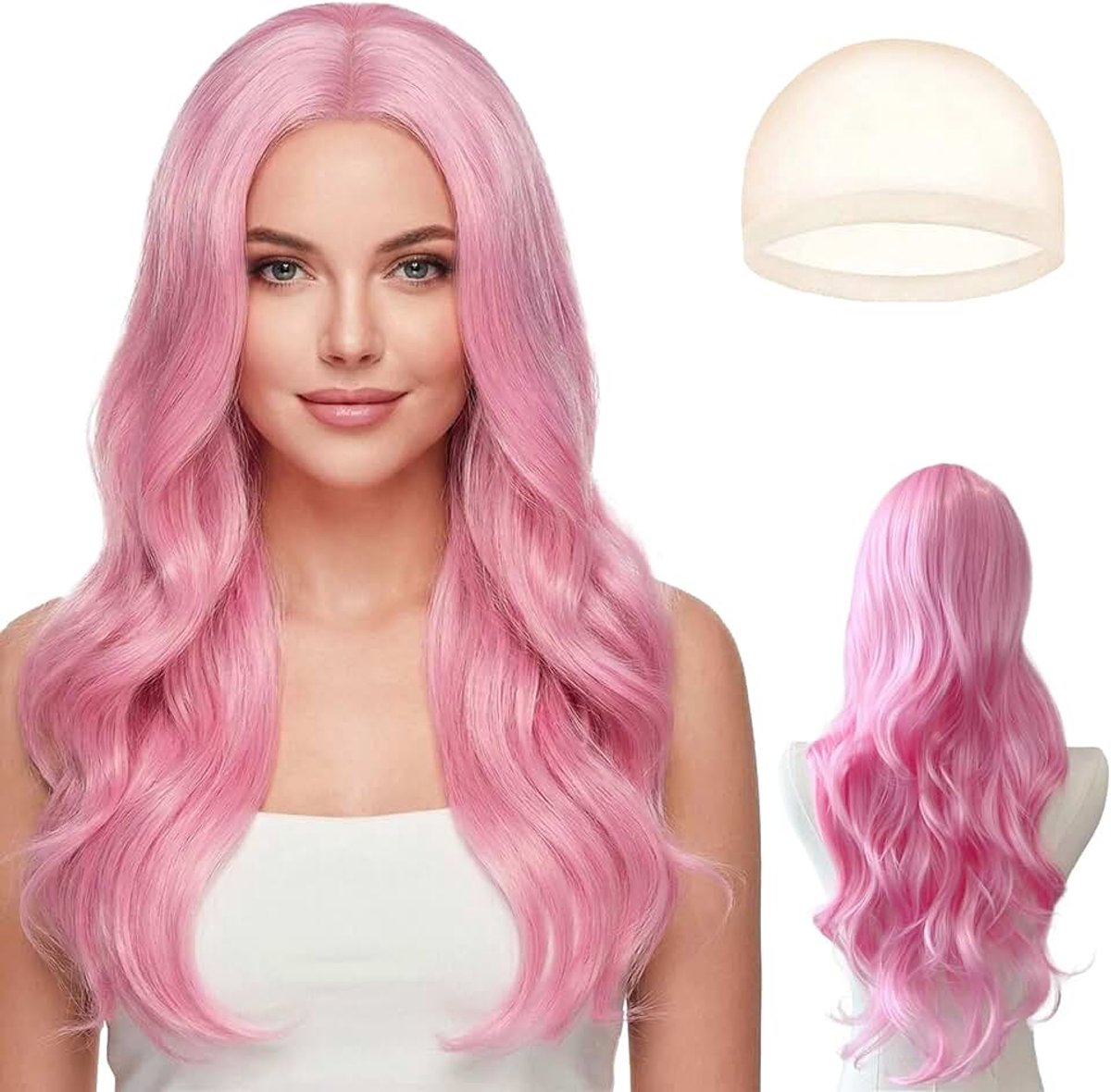 Lange golvende lichtroze pruiken voor vrouwen, 65 cm lange roze golvende pruik voor dames, lang krullend haar pruiken voor vrouwen, voor dagelijks feest, cosplay gebruik