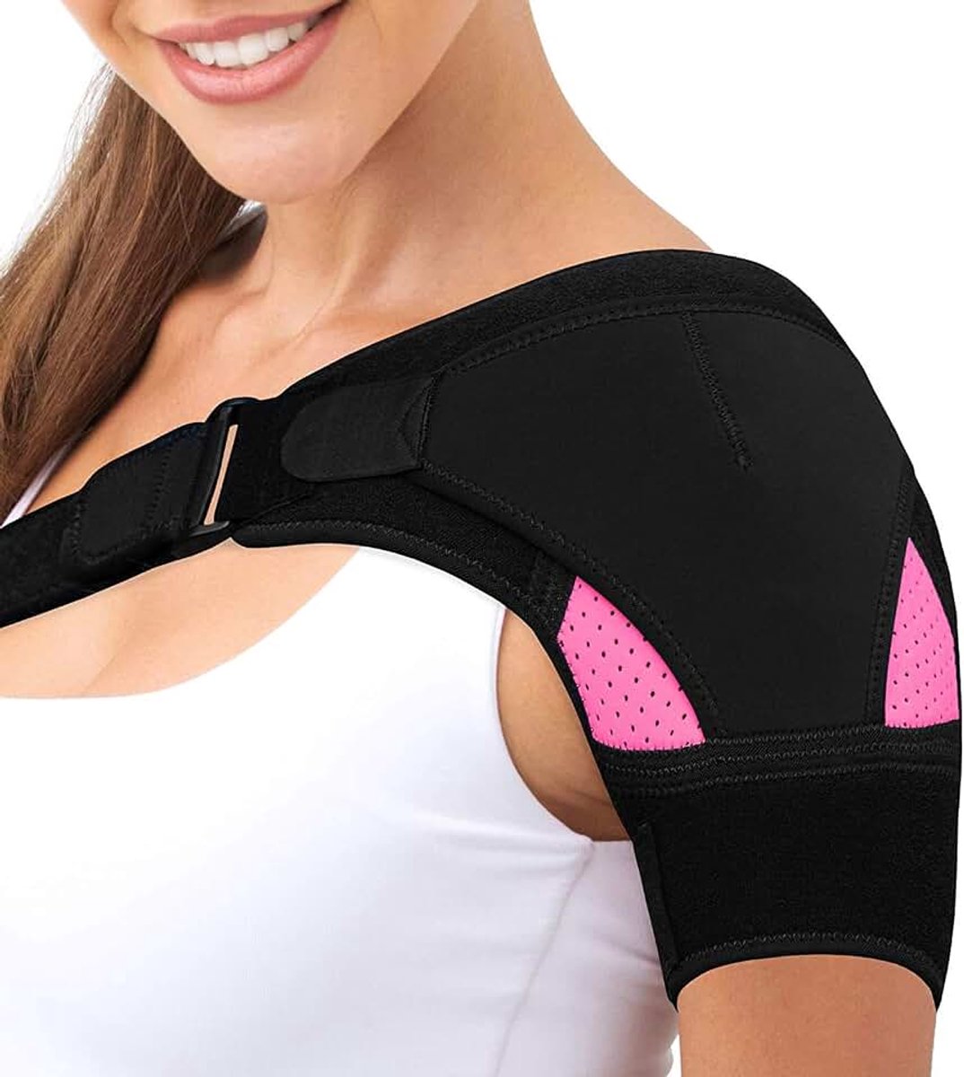 Schoudersteunbanden, unisex, ademende schoudersteun, verlicht klachten en stijfheid, geschikt voor sport, past op beide schouders, roze, 1 stuk.