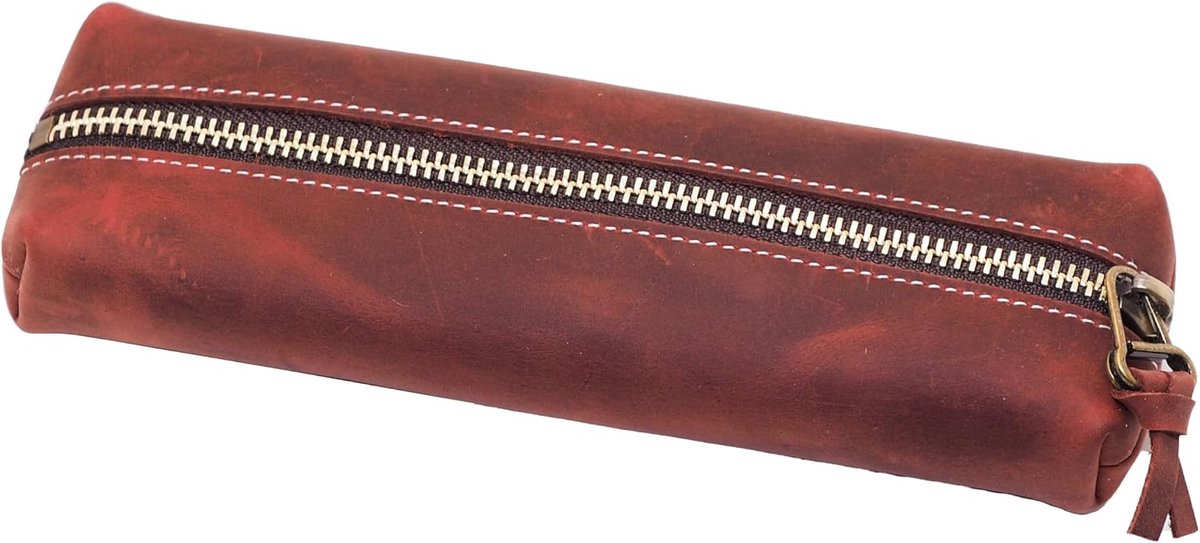 Pennenetui van hoogwaardig leer, prachtig handgemaakt etui met ritssluiting, elegant etui voor volwassenen en studenten, cosmeticatas, make-uptas, rood, 20 x 3,5 x 6 cm, Elegant