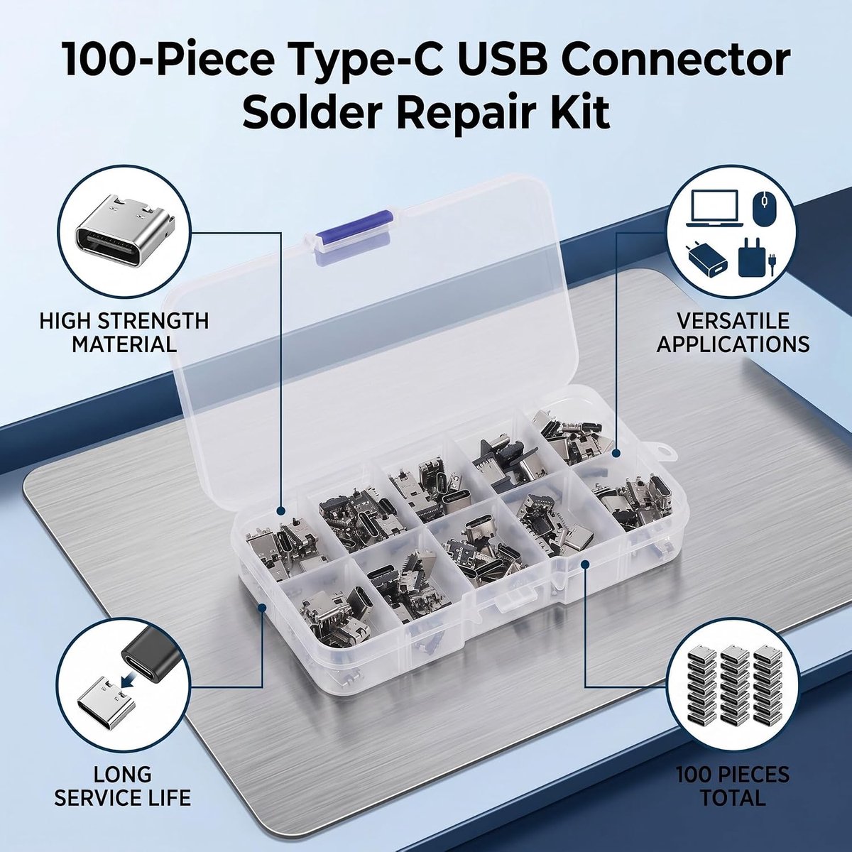 100 stuks USB type C vrouwelijke adapterconnector, soldeerset voor kabelreparatie, computeraccessoires verzameling