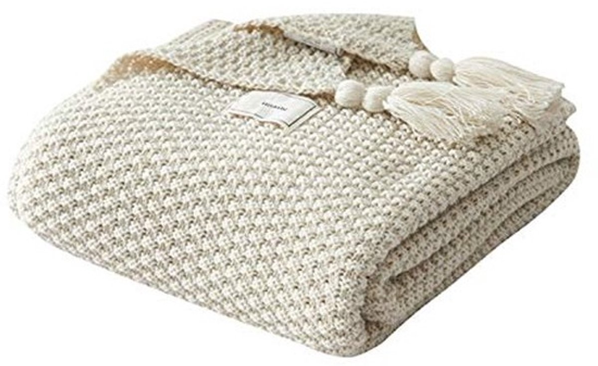Deken van Gebreid Plaid - Warm en Zacht Met Franjes voor Strand en Picknick - Handgemaakt