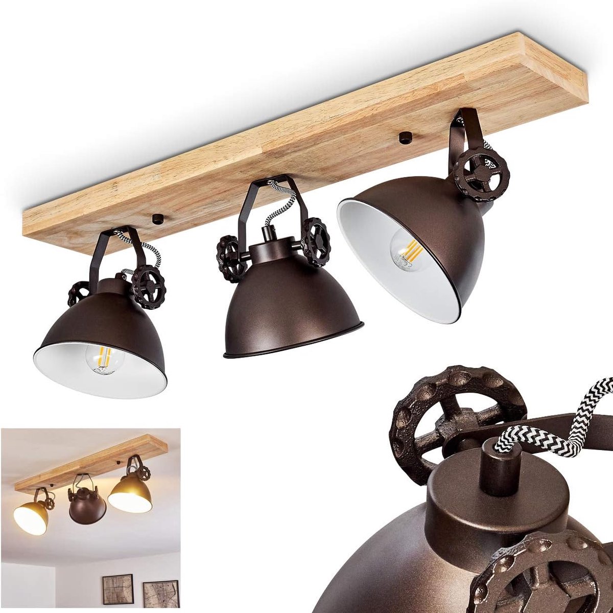 Plafondlamp Svanfolk, metaal/houten plafondlamp in zwart/bruin/natuur, 3 lampen, met verstelbare spots, 3 x E14 fitting, retro/vinatge design, zonder gloeilampen