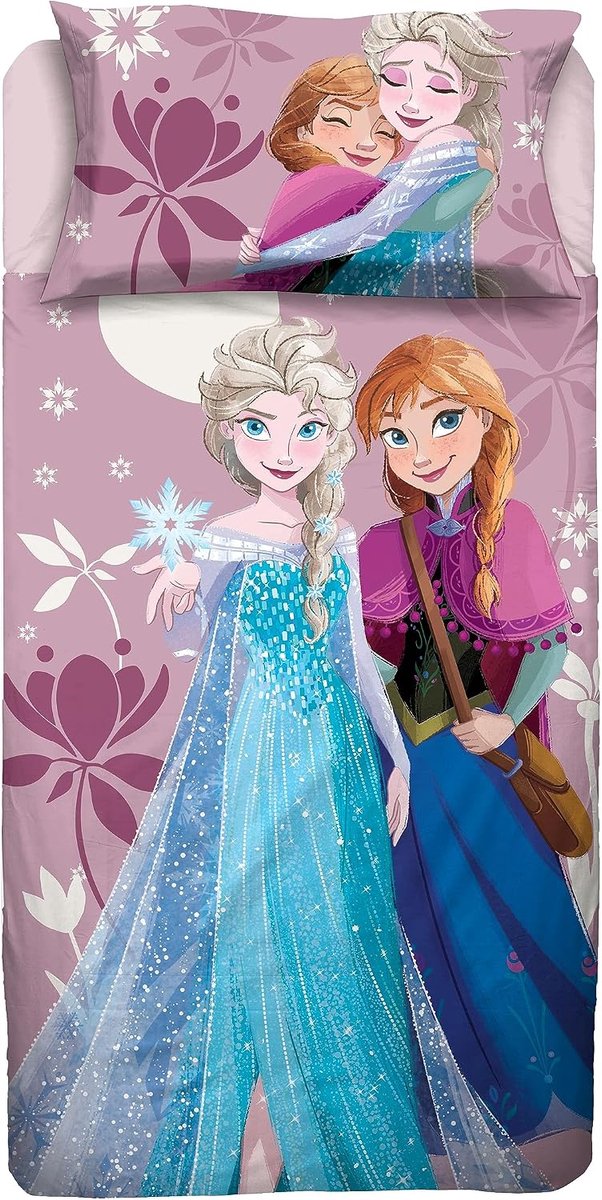 Frozen Disney Beddengoed voor eenpersoonsbed, hoeslaken, kussensloop, roze, 100% katoen, officieel product