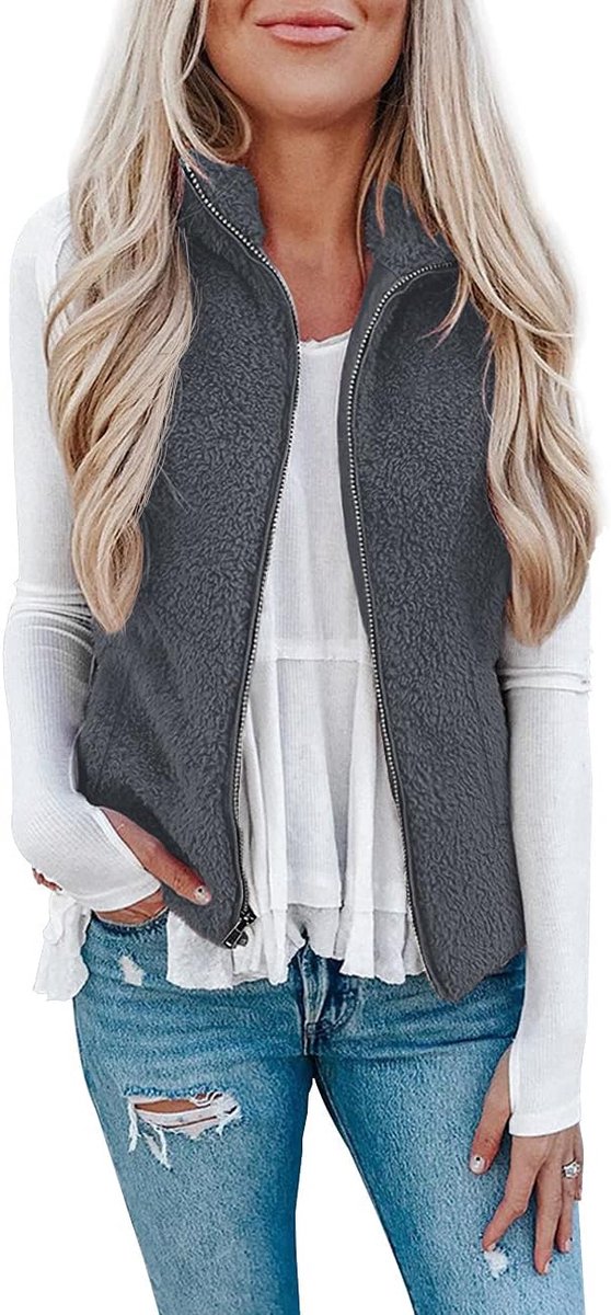 Teddyfleece gilet voor dames, effen bodywarmer, behaaglijke lichte gilets, mouwloos, staande kraag, rits en zakken
