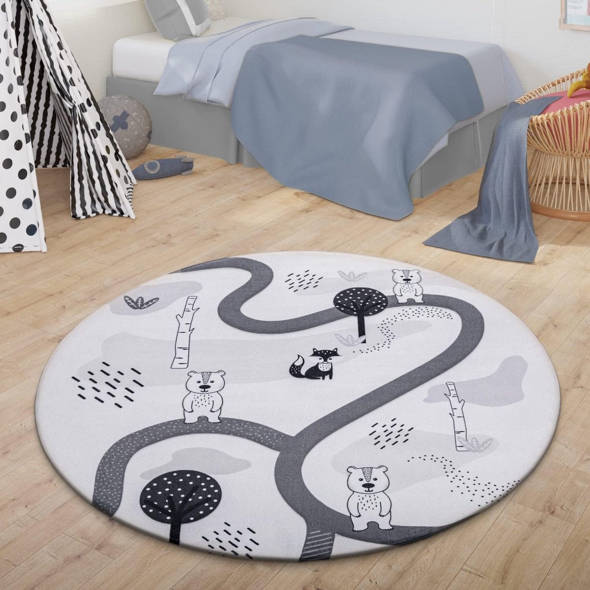 Home Vloerkleed Kinderkamer Meisjes Jongens Straat Dierlijk Motief Beer Vos Boom, Kleur: Grijs Wit, Maat:80 cm rond