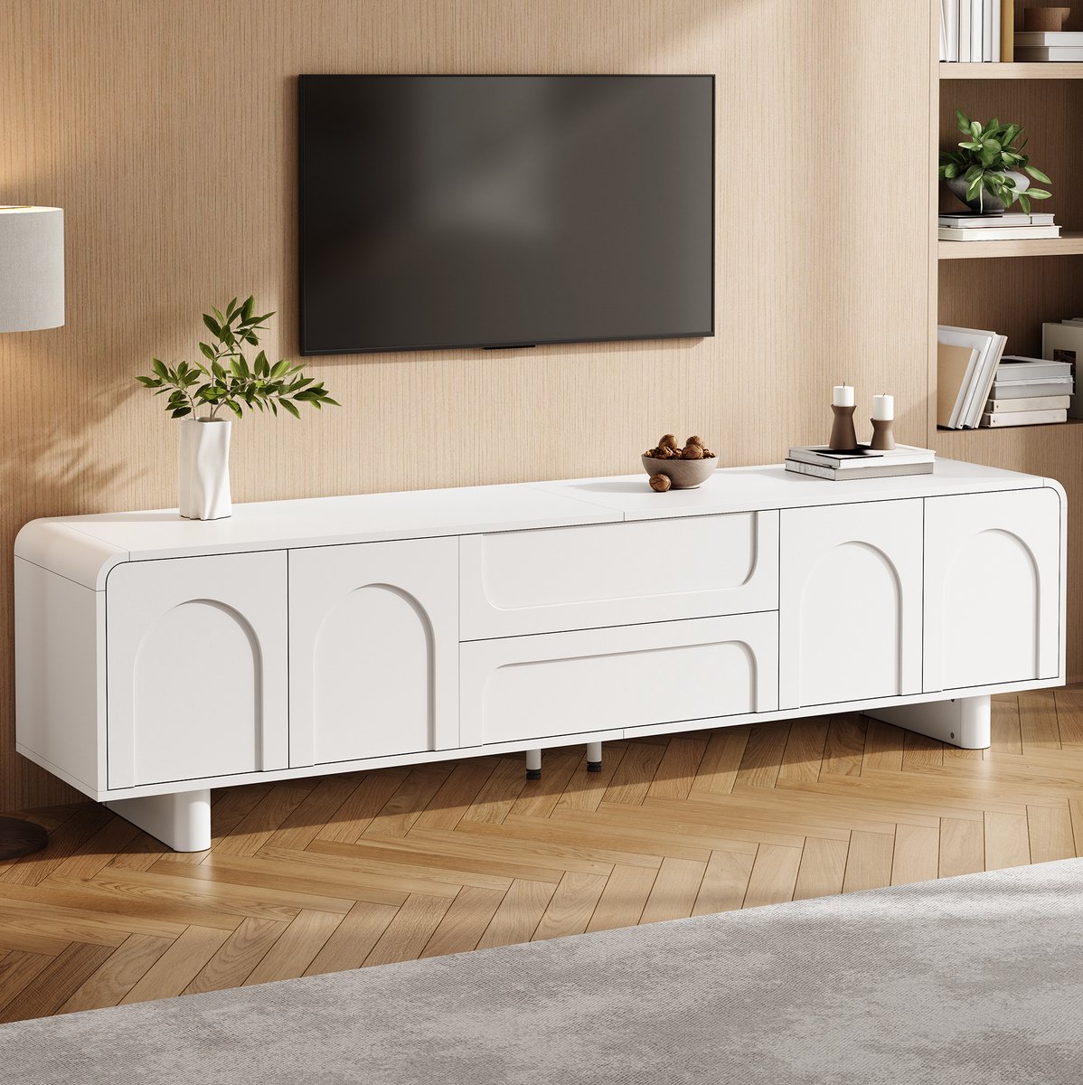 REDOM TV-meubel - 4 deuren en 2 lades - Rond afgewerkte hoeken - Kabeldoorvoer - MDF en spaanplaat - Wit - 180 x 40 x 46 cm