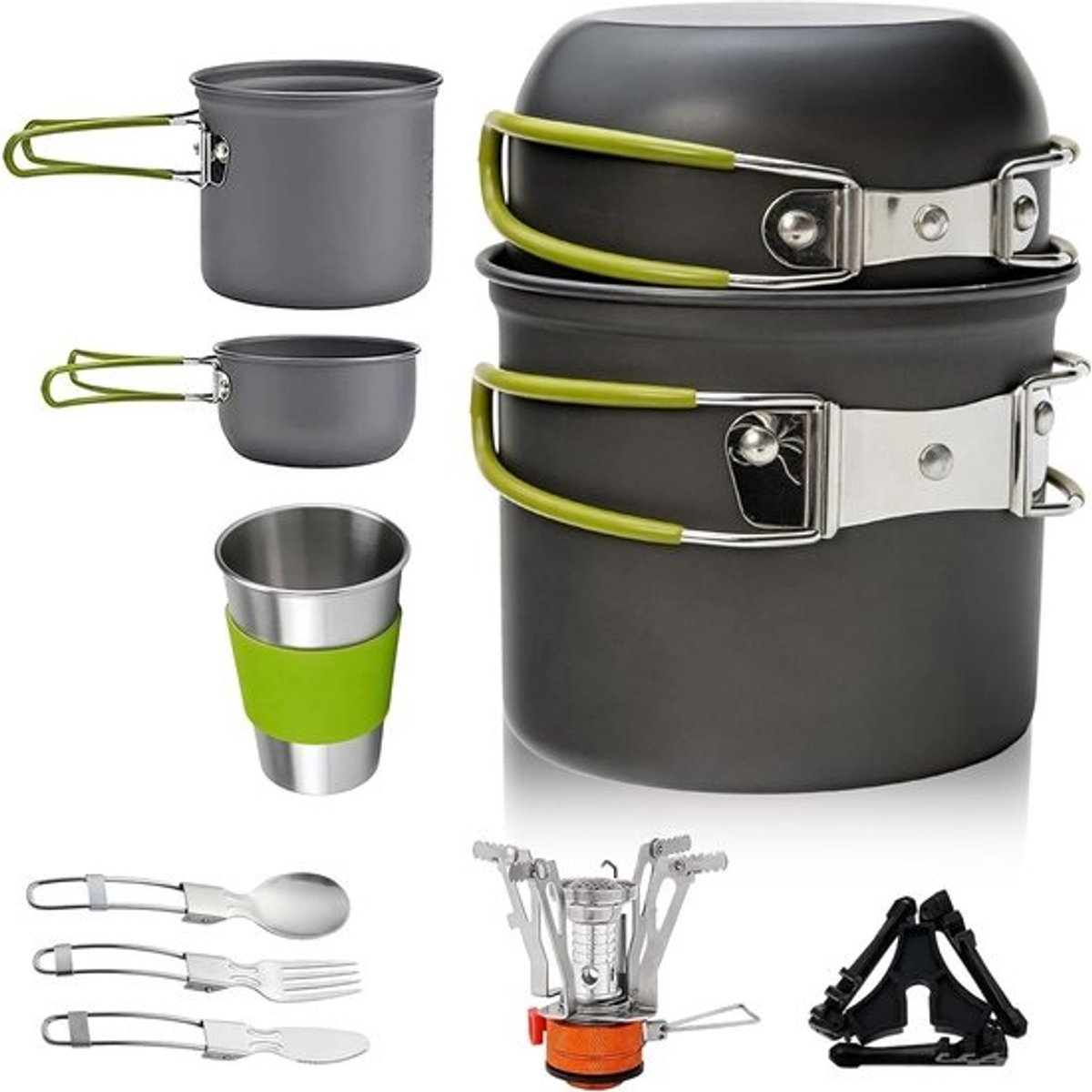 Complete campingservies set, 10-delige kookset van aluminium - draagbare buitenkeuken met opvouwbaar bestek en minicampingfornuis voor hiking, vissen en picknicks