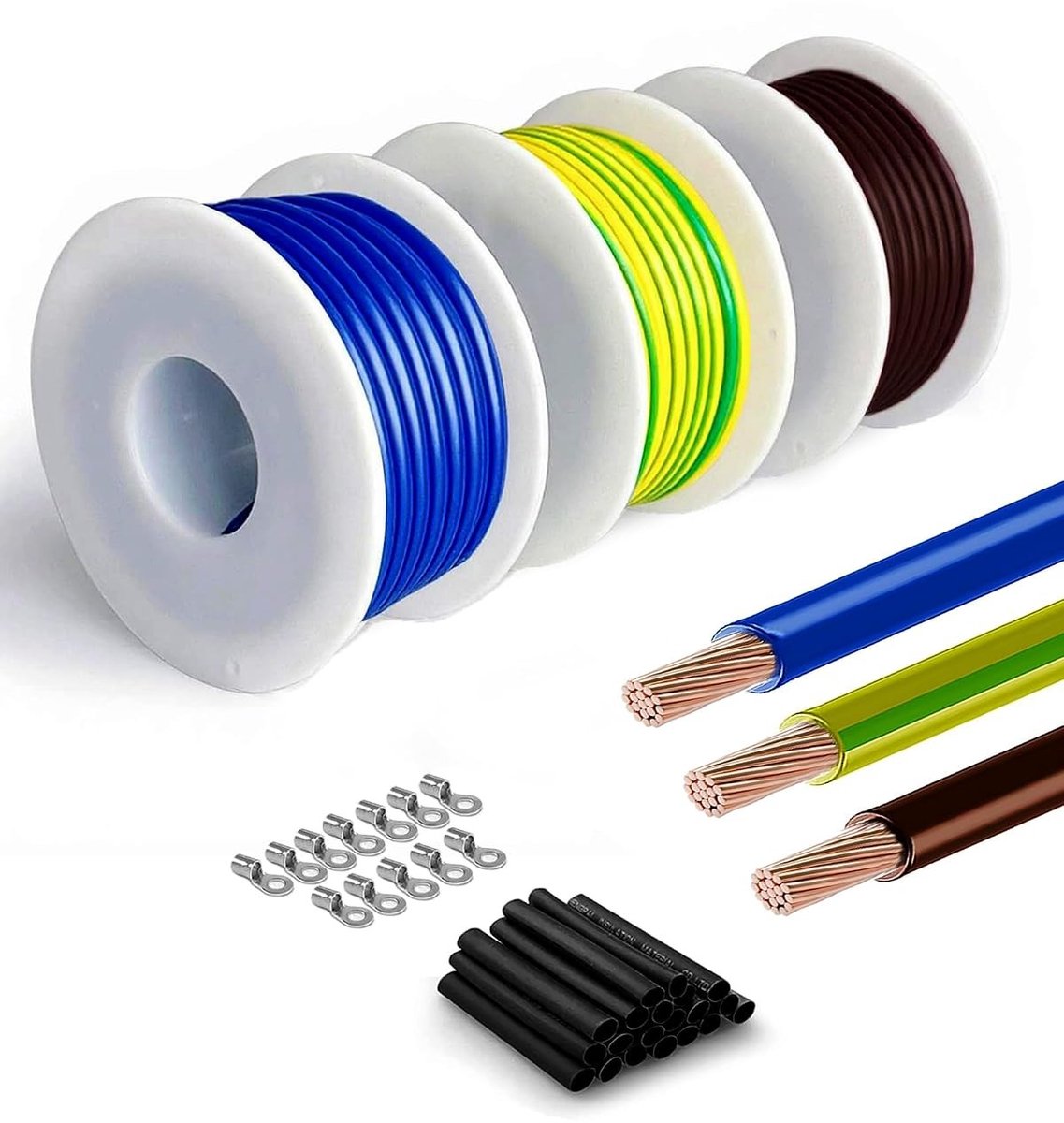 Elektriciteitsdraad - Blauw, Bruin, Geel/Groen - 10 m - Flexibele PVC Enkele Ader - Voor Elektrische Installaties