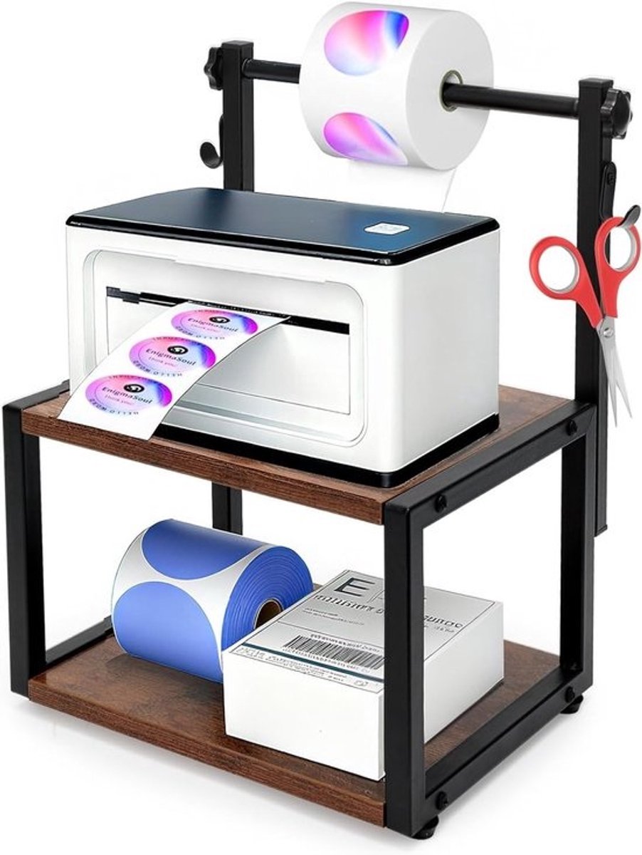 Leporello labelhouder voor thermische printers met houten bord en metalen standaard, ideaal voor kantoor en organisatie