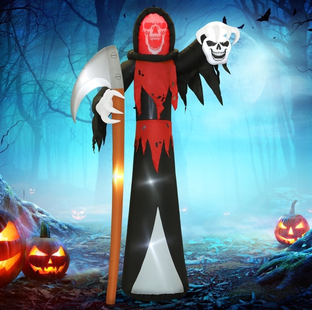 OKWISH Opblaasfiguur Verlicht 205 bij 115 bij 370 cm Polyester Zwart Sensenman voor Tuin en Halloweenfeest met Ledverlichting en Stevige Bevestiging