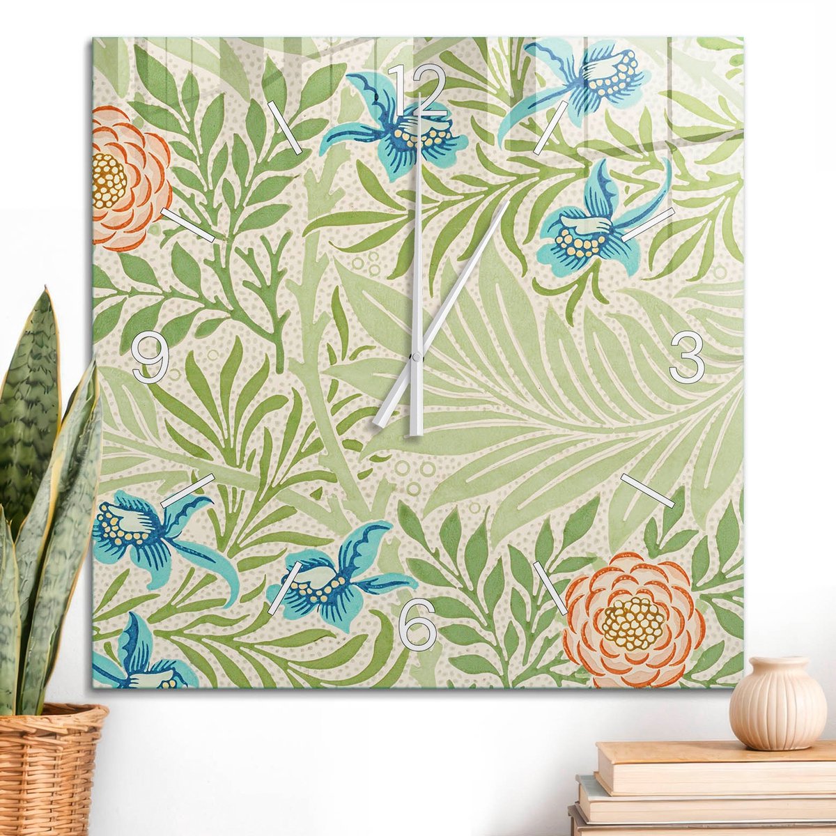 ArtPrintCave Groene Glazen Klok - 60x60 cm - Wandklok Vierkant - Plantenpatronen Unieke Klok - Natuur Stille Wandklok - Witte Klokwijzers