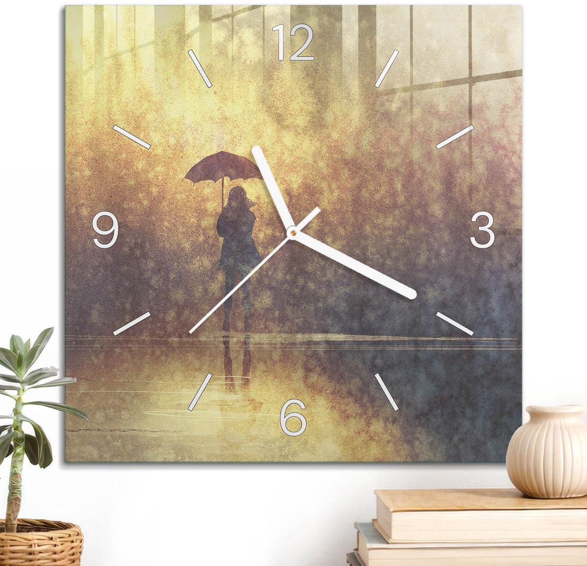 ArtPrintCave Geel Glazen Klok - 30x30 cm - Wandklok Vierkant - Herfstnostalgie Unieke Klok - Kunst Stille Wandklok - Witte Klokwijzers