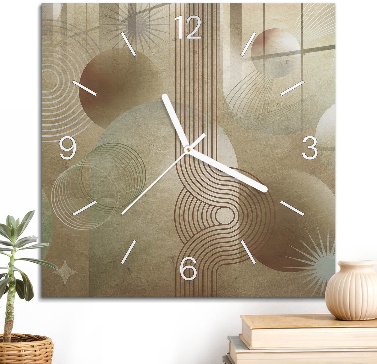 ArtPrintCave Beige Glazen Klok - 30x30 cm - Wandklok Vierkant - Abstracte Patronen Wandklok Keuken - Geometrie Unieke Klok - Witte Klokwijzers